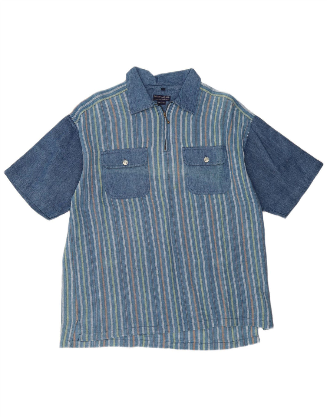 VINTAGE Мужская свободная рубашка-пуловер с короткими рукавами среднего синего цвета в полоску