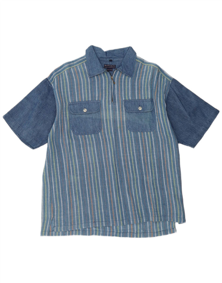 VINTAGE Мужская свободная рубашка-пуловер с короткими рукавами среднего синего цвета в полоску