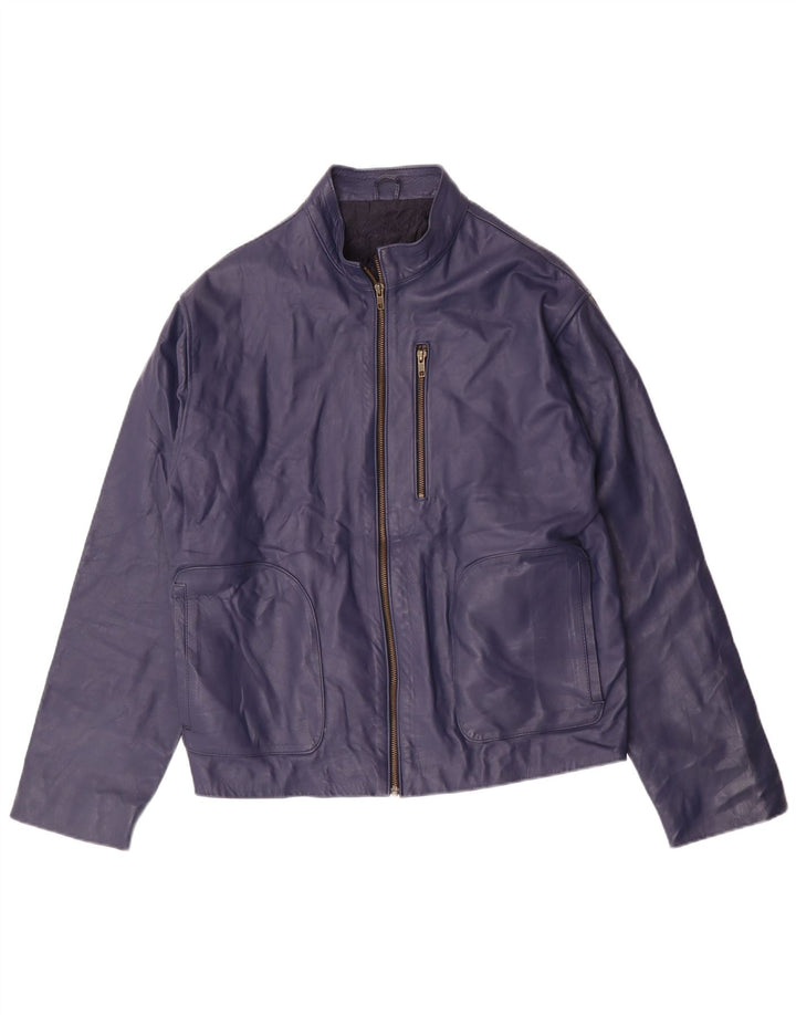 Винтажная женская кожаная куртка-бомбер UK 14, средний темно-синий