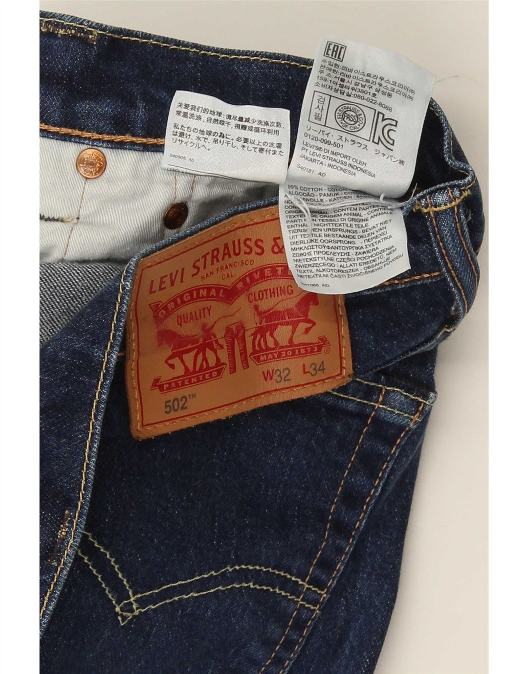 Мужские зауженные джинсы Levi's 502 W32 L30 синие, хлопок