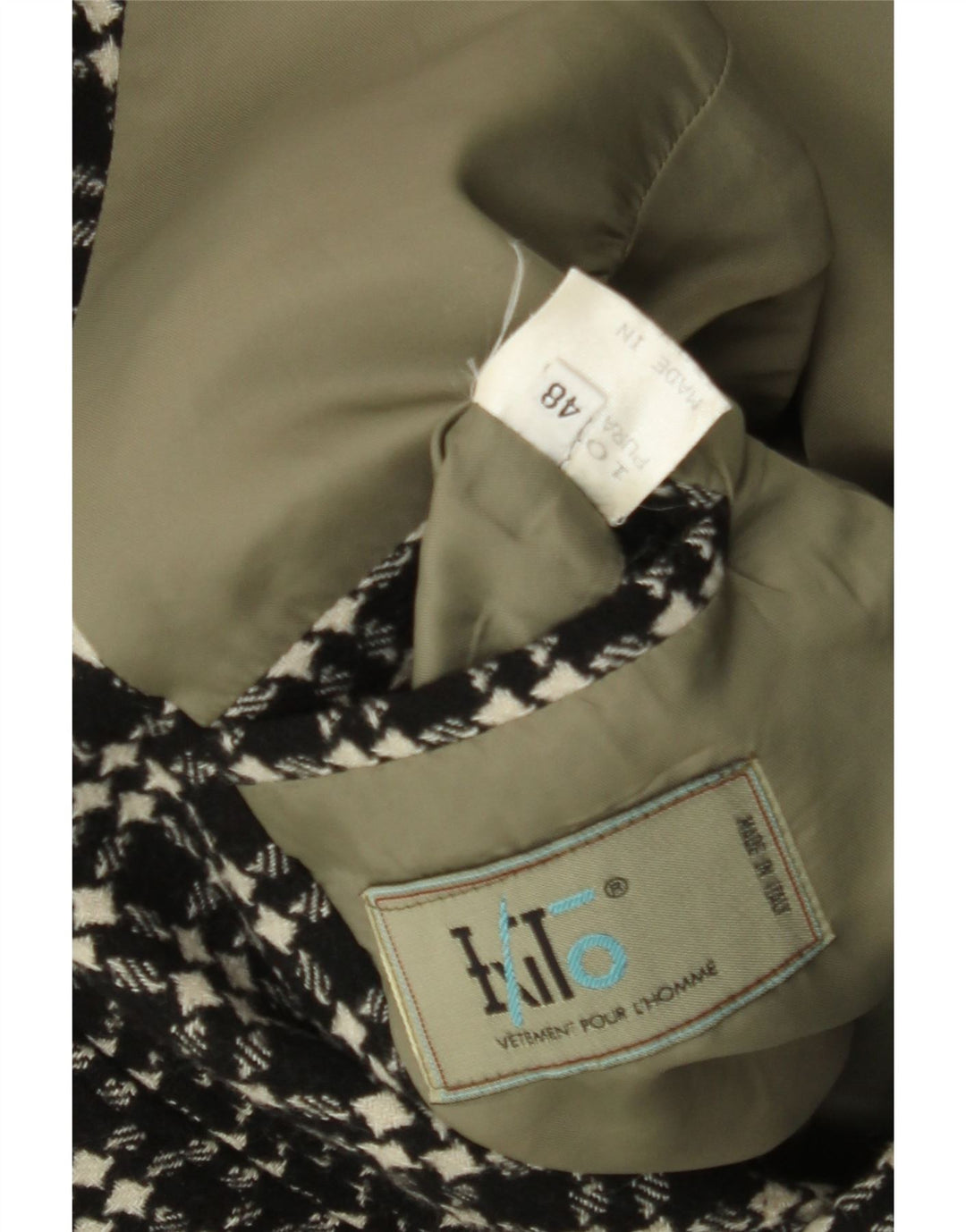 ВИНТАЖНЫЙ Мужской пиджак на 3 пуговицах IT 48, средний черный, шерсть с узором «гусиные лапки»