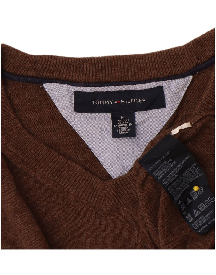 Мужской джемпер с v-образным вырезом Tommy Hilfiger, хлопковый джемпер среднего коричневого цвета
