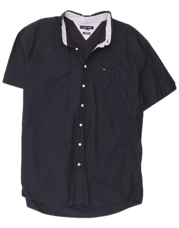 Tommy Hilfiger Мужская рубашка классического кроя с коротким рукавом 2XL Темно-синяя хлопковая