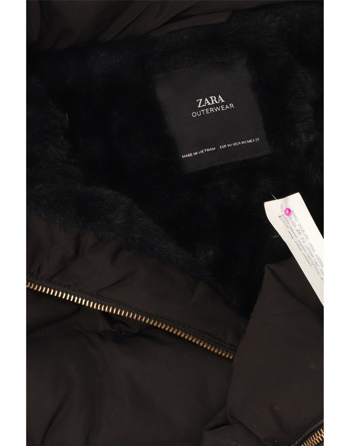 Женское стеганое пальто с капюшоном Zara UK 14, средний черный полиэстер