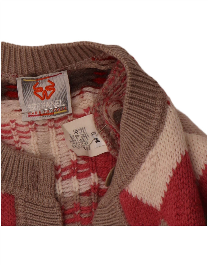 Женский кардиган свободного кроя Stefanel UK 14, средний красный, шерсть с геометрическим рисунком