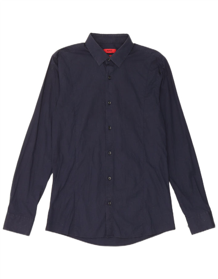Мужская рубашка приталенного кроя Hugo Boss, маленькая, темно-синяя, хлопковая