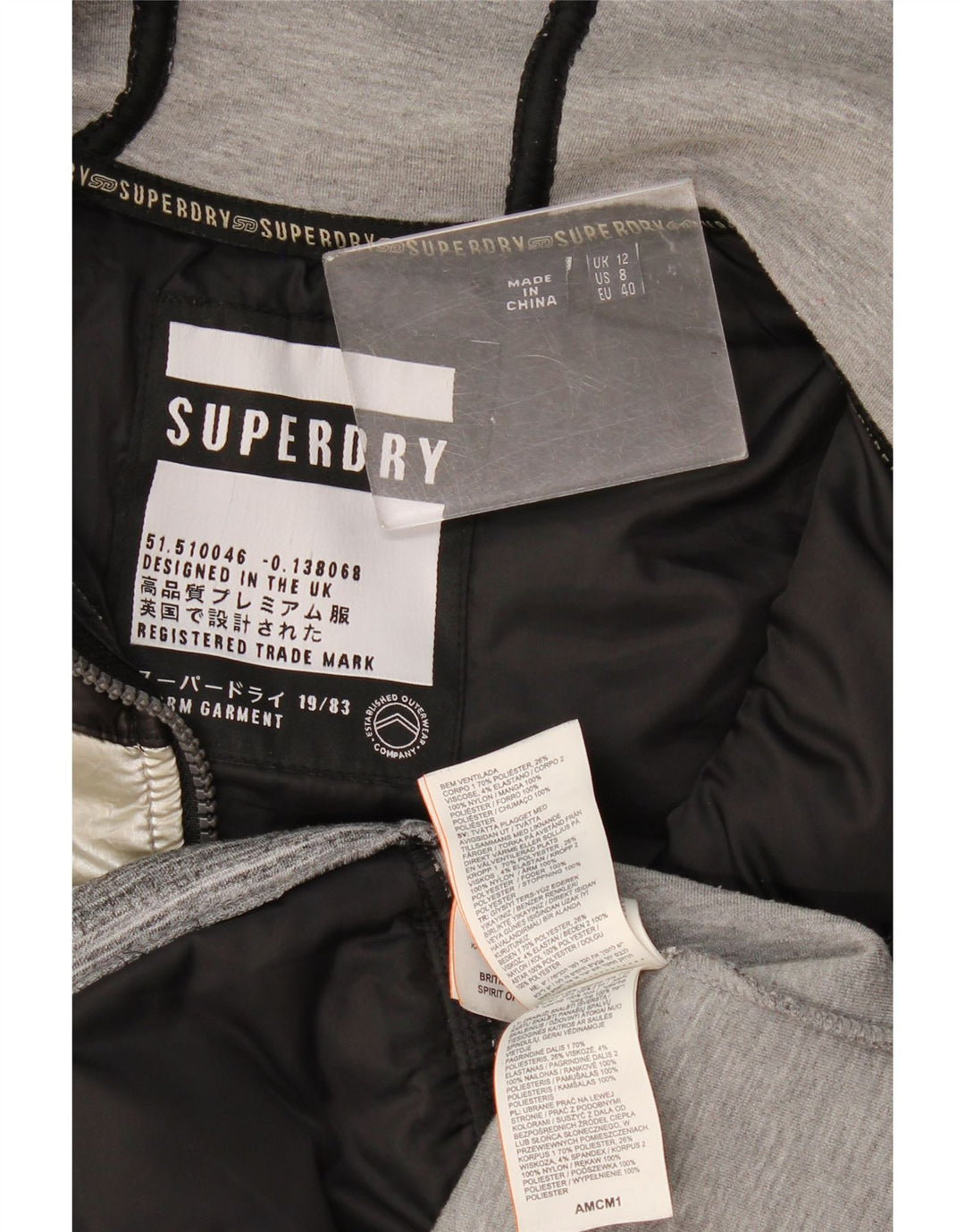 Женская утепленная куртка Superdry с капюшоном UK 12, средний серый цвет, нейлон с цветными блоками