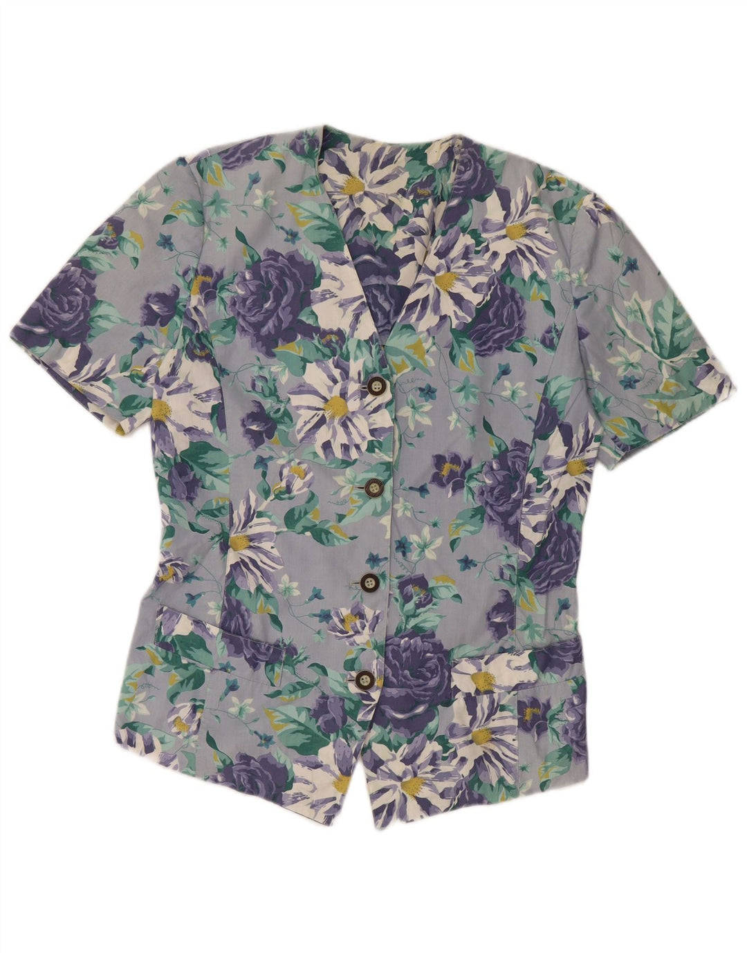 VINTAGE Женская блузка-рубашка с коротким рукавом UK 14 Большой синий цветочный принт