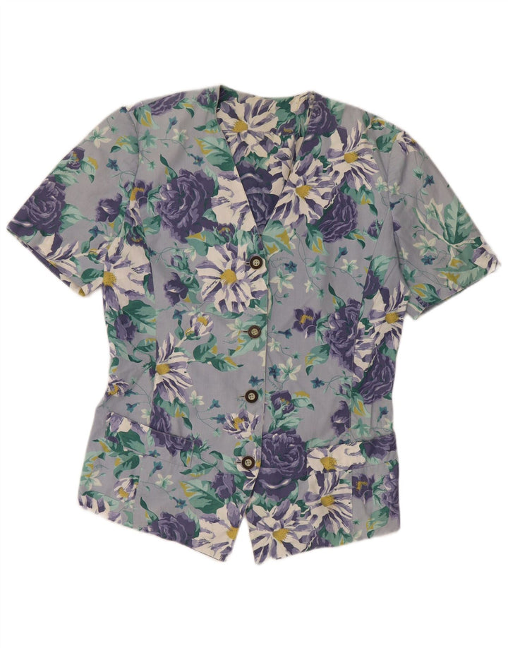 VINTAGE Женская блузка-рубашка с коротким рукавом UK 14 Большой синий цветочный принт