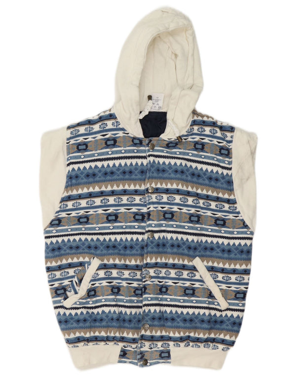 Vintage Boys Hooded Padded Gilet 13-14 Years XL Blue Geometric Cotton Retro