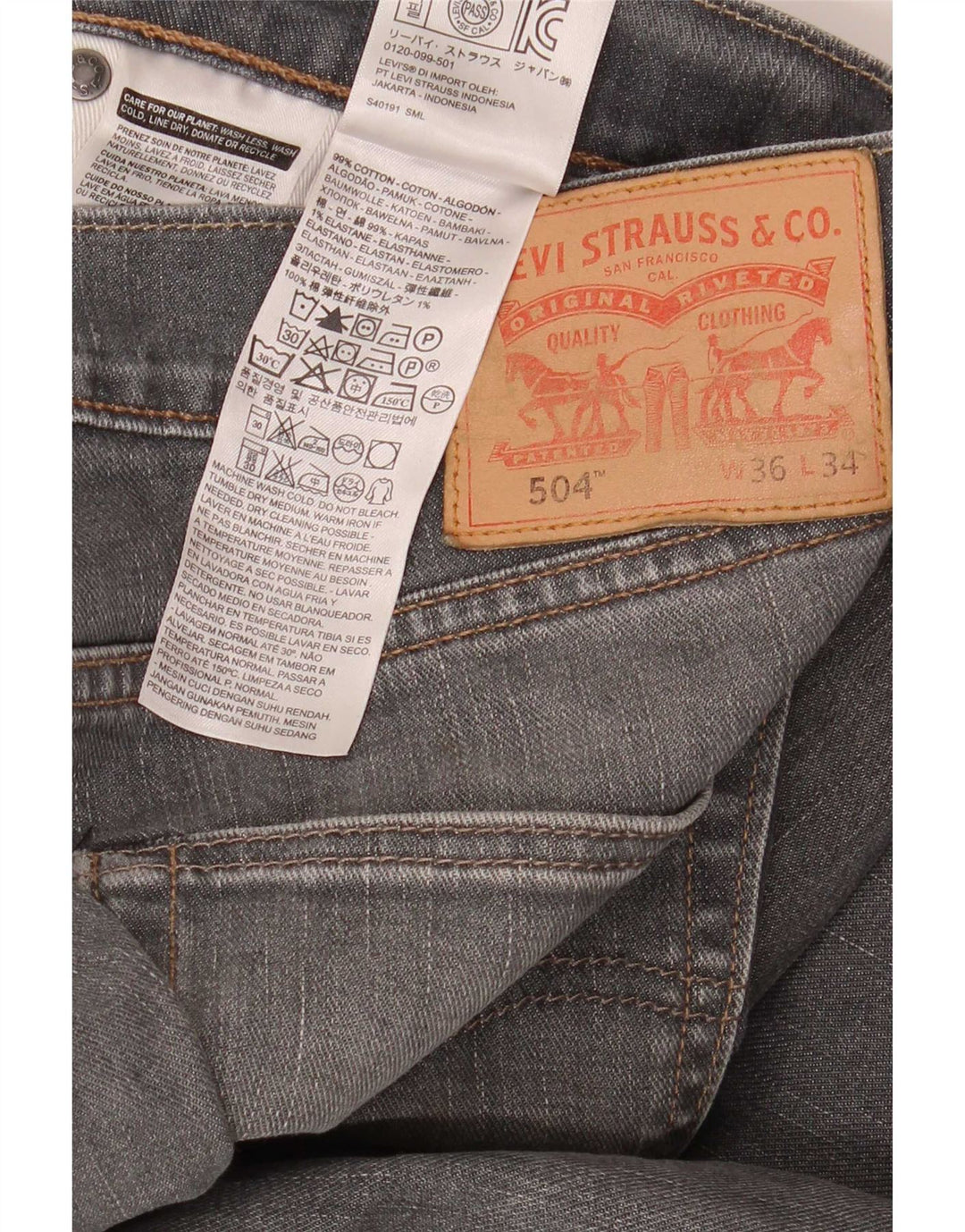 Мужские прямые джинсы Levi's 504 W36 L34 серые, хлопок