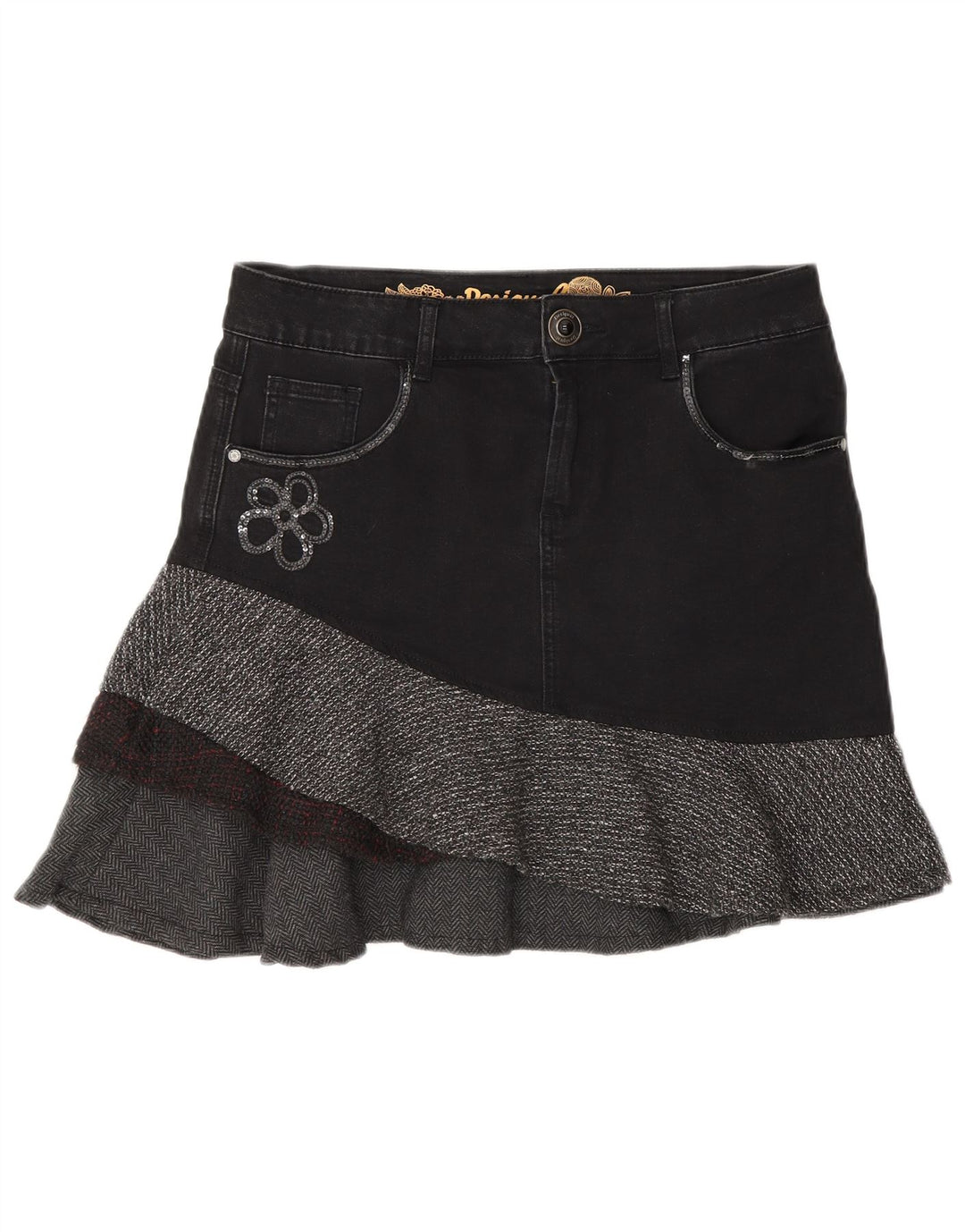 Женская асимметричная джинсовая юбка Desigual EU 40 Medium W30 Серая с узором «в елочку»