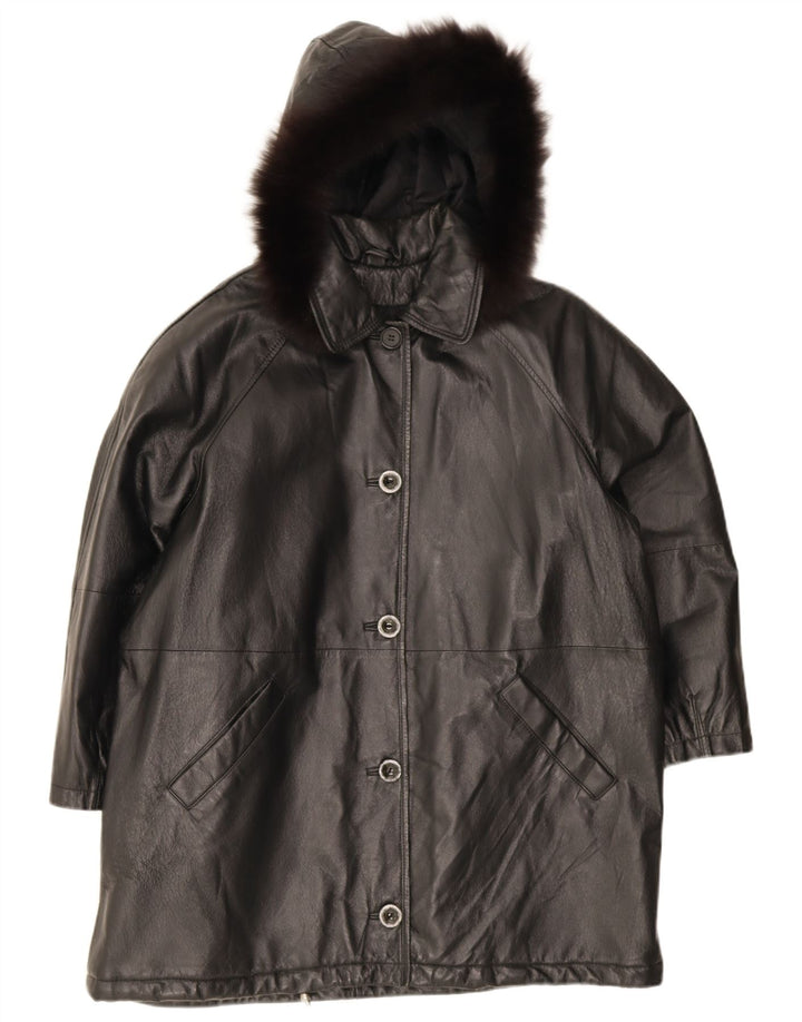 Privilegi Женское кожаное пальто оверсайз с капюшоном IT 44 Medium Black Leather