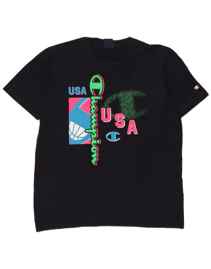 Мужская футболка с рисунком Champion, топ среднего размера, темно-синий, хлопок