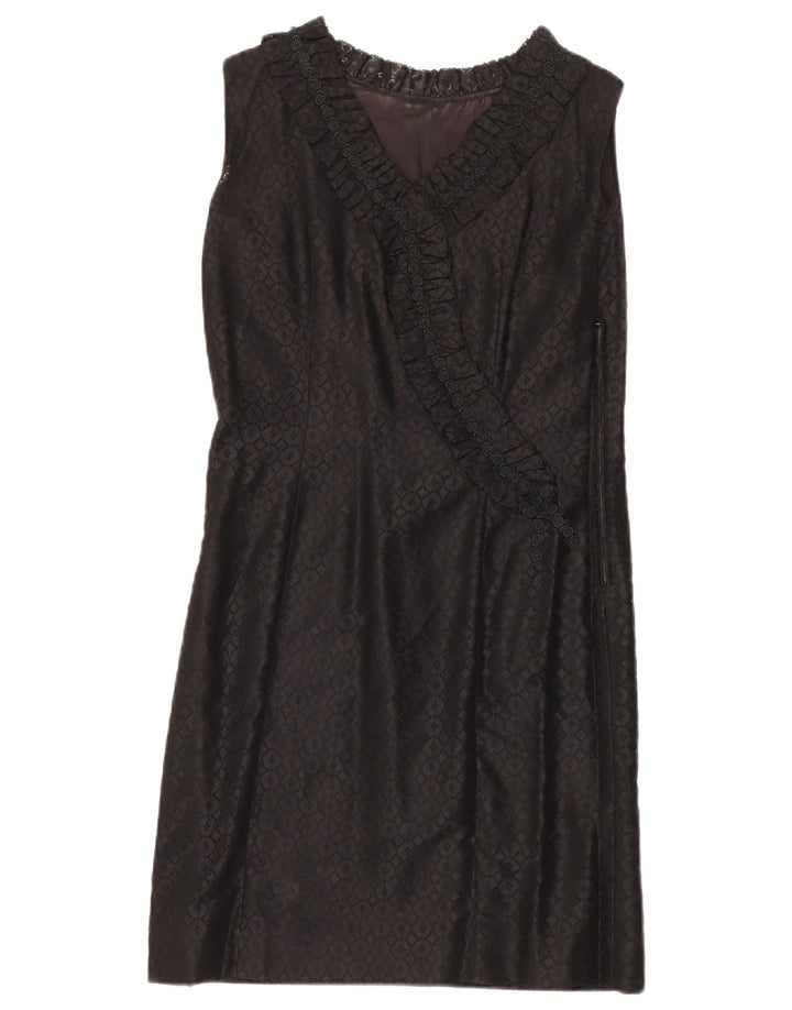 ВИНТАЖНОЕ женское кружевное платье прямого кроя без рукавов, Великобритания 12, средний черный с цветочным принтом