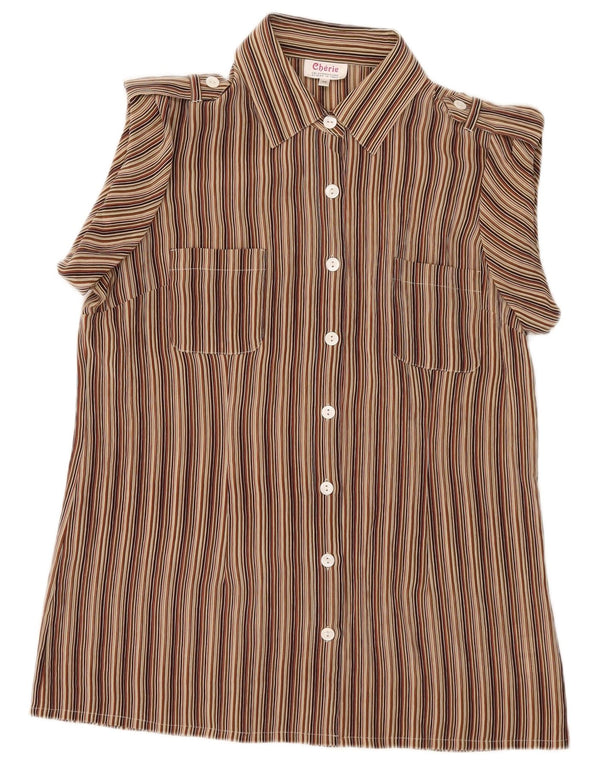 cherie Womens Military Short Sleeve Shirt Blouse IT 46 Large Brown Striped