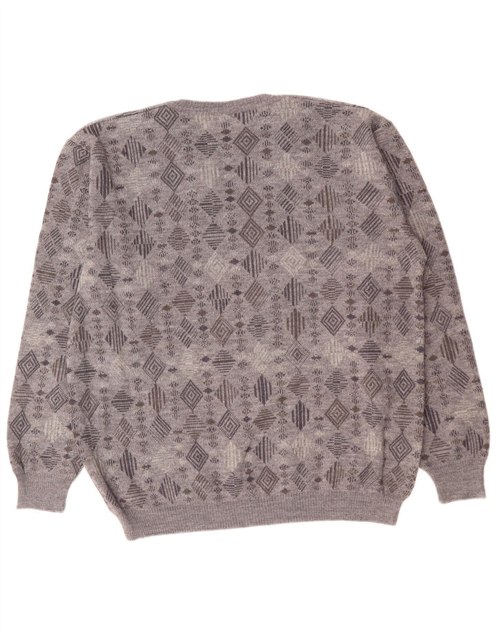 VINTAGE Мужской джемпер с v-образным вырезом XL, серый с геометрическим узором
