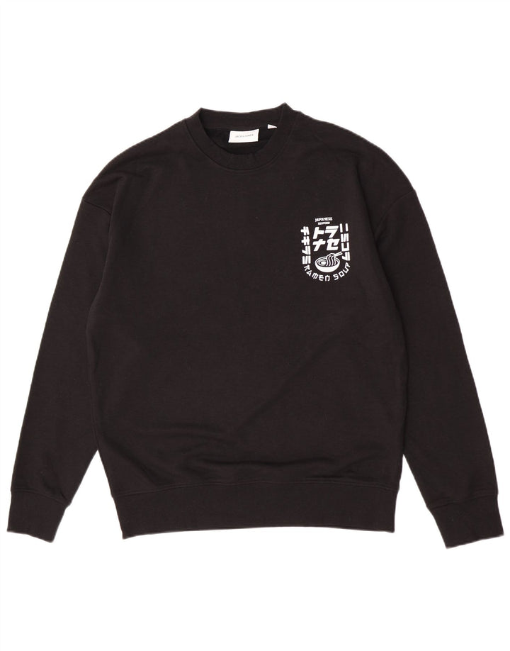 Мужской свитшот с рисунком Jack & Jones, хлопковый джемпер среднего размера, черный