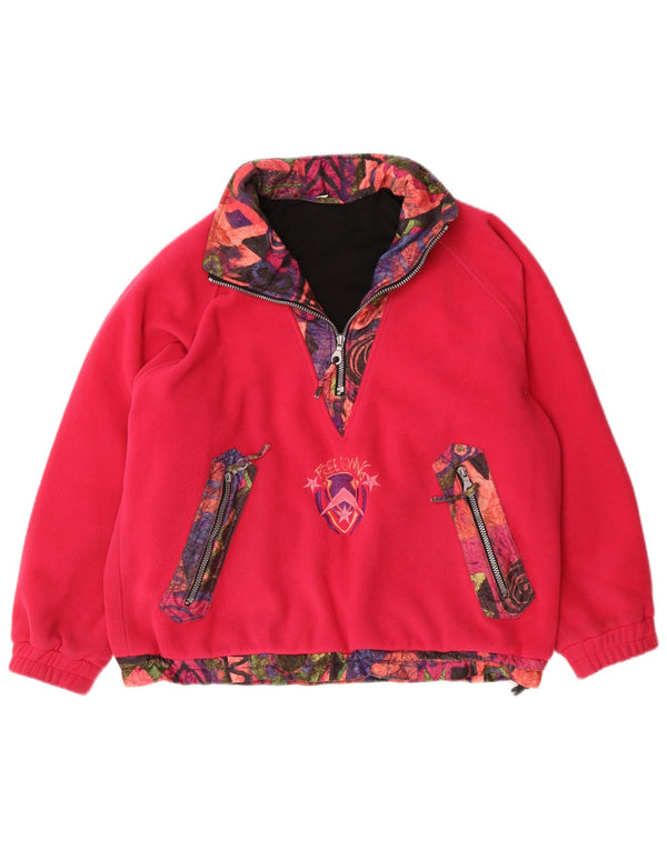 Vintage Womens Oversized Zip Neck Fleece Jumper UK 14 Medium Pink Geometric