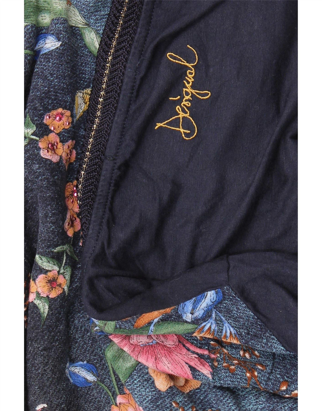 DESIGUAL Womens Top 3/4 Sleeve UK 14 Medium Navy Blue Floral
