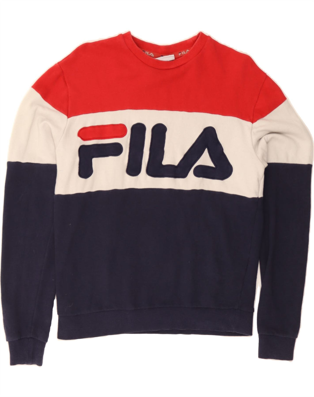 FILA Mens Graphic Sweatshirt Jumper Small Multicoloured Colourblock Cotton Vintage Fila and Second-Hand Fila from Messina Hembry 