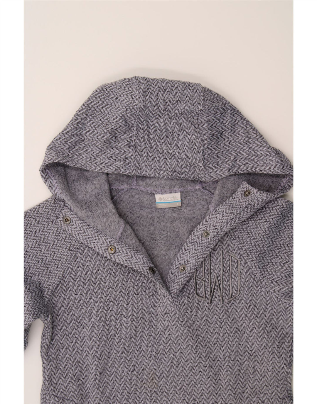 COLUMBIA Womens Hoodie Jumper UK 10 Small Grey Herringbone Polyester Vintage Columbia and Second-Hand Columbia from Messina Hembry 