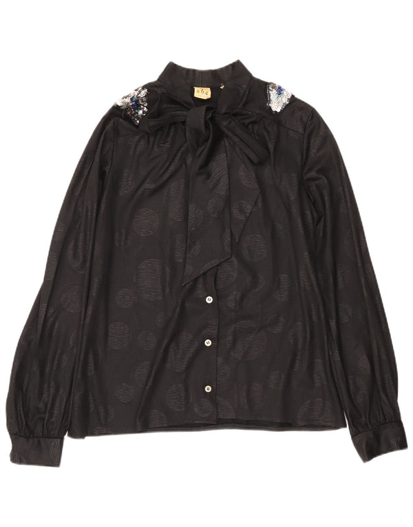 Винтажная женская блузка-рубашка с завязками спереди IT 46, большой черный горошек