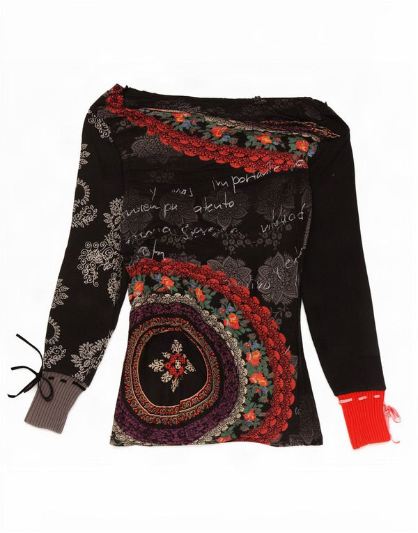 Женский топ Desigual с длинным рукавом и рисунком, Великобритания, 8, маленький, черный, хлопковый с цветочным принтом