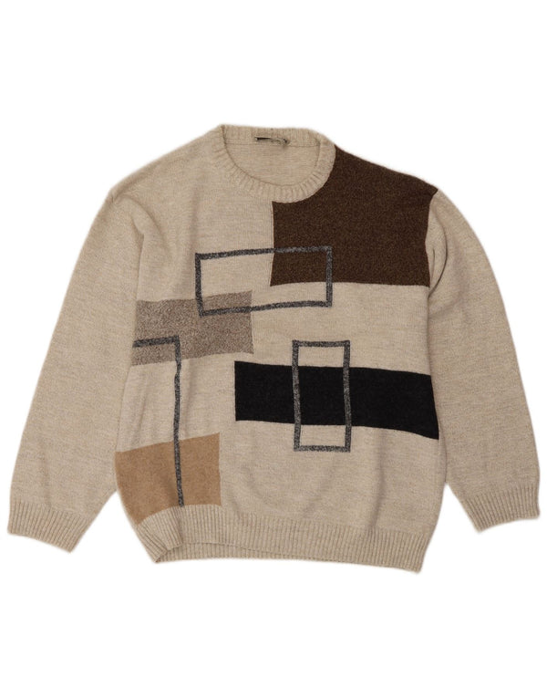 Emilio Adani Mens Crew Neck Jumper Sweater UK 40 Medium Beige Colourblock