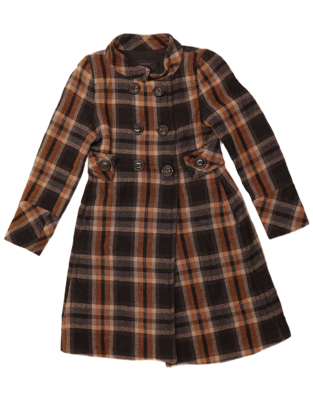 Женское двубортное пальто ZARA UK 14, большой черный акрил в клетку