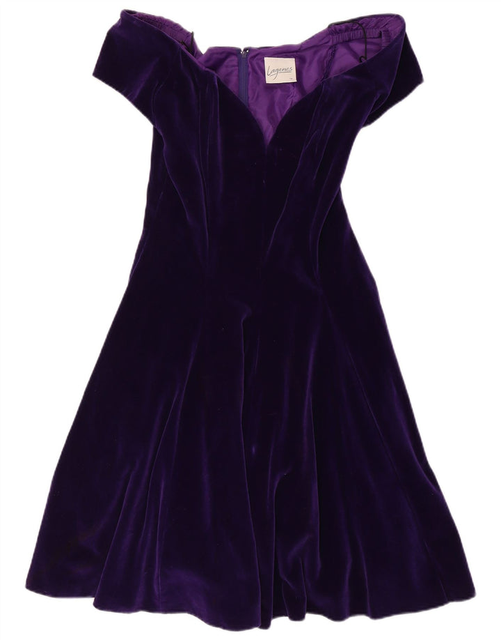 ВИНТАЖНОЕ женское бархатное платье с открытыми плечами, Великобритания 14, средний фиолетовый хлопок, хлопок