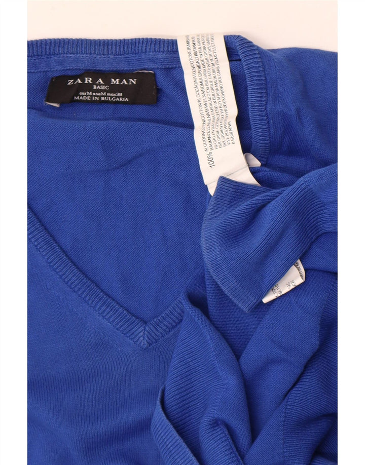 Мужской джемпер с v-образным вырезом Zara, хлопковый свитер среднего синего цвета