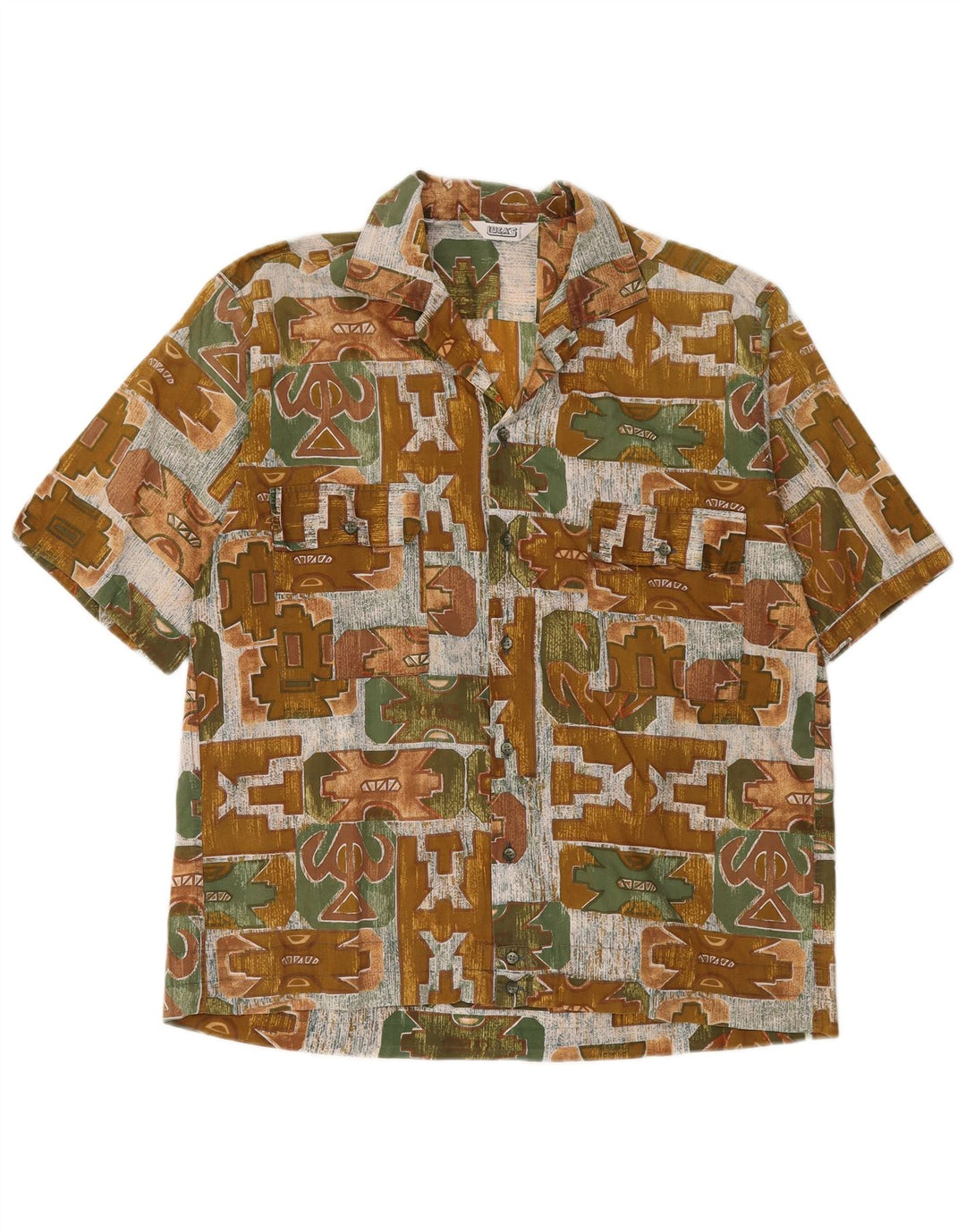 Винтажная мужская рубашка с коротким рукавом среднего цвета хаки с геометрическим рисунком