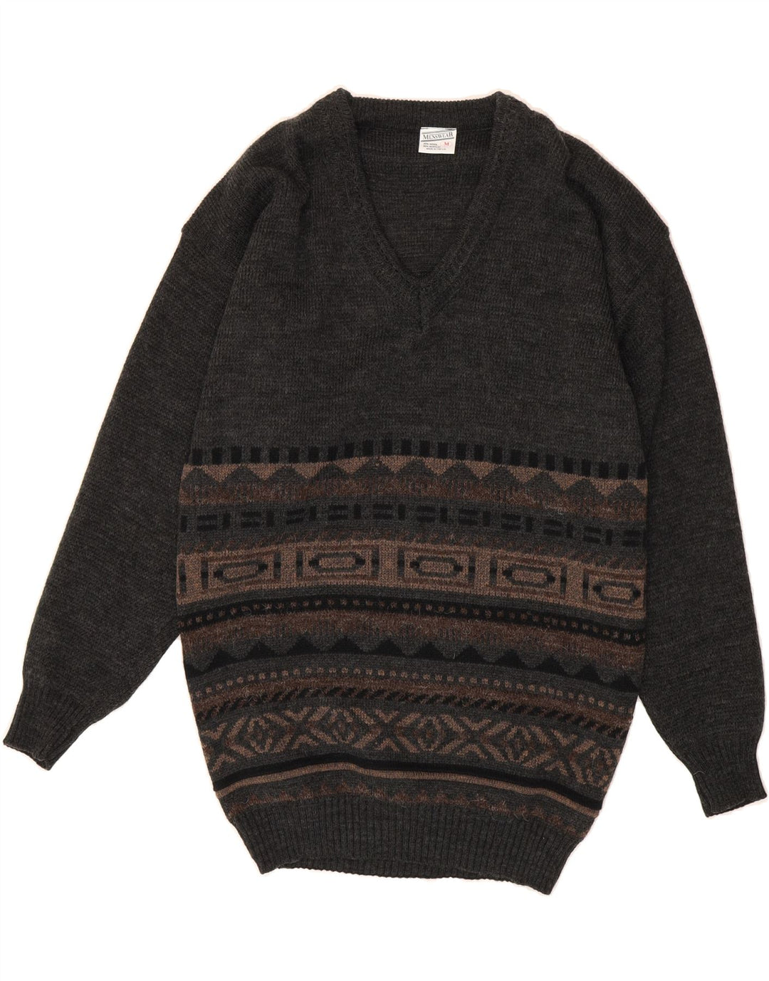 VINTAGE Mens V-Neck Jumper Sweater Medium Grey Fair Isle Wool Vintage Vintage and Second-Hand Vintage from Messina Hembry 