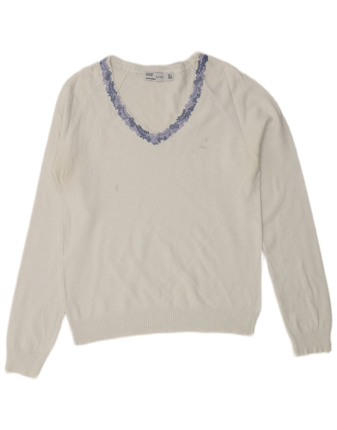 Женский джемпер с v-образным вырезом ZARA UK 14, большой белый хлопок