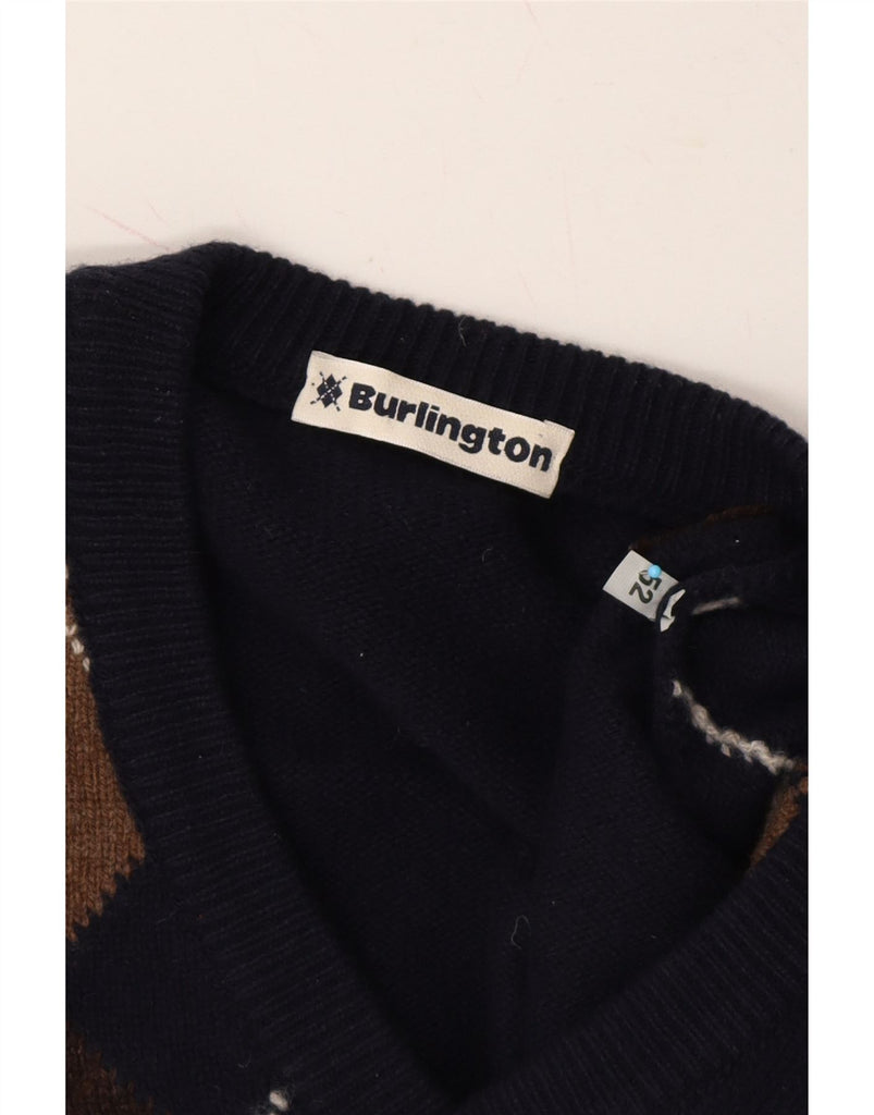 BURLINGTON Mens V-Neck Jumper Sweater IT 52 Large Navy Blue Argyle/Diamond Vintage Burlington and Second-Hand Burlington from Messina Hembry 
