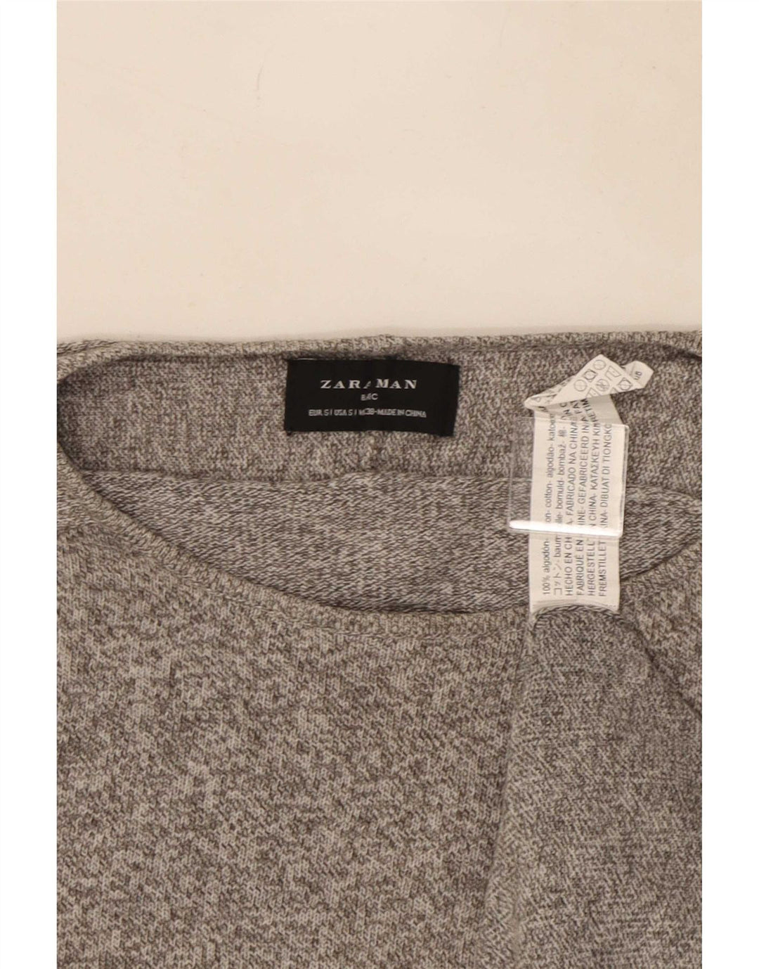 Мужской джемпер с круглым вырезом Zara, маленький серый хлопковый крапчатый свитер