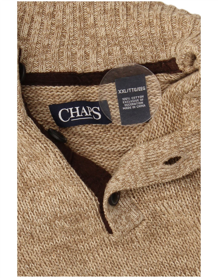CHAPS Mens Button Neck Jumper Sweater 2XL Beige Colourblock Cotton
