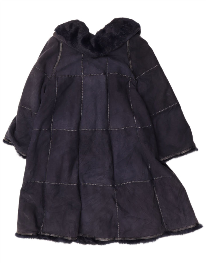 Винтажное женское замшевое пальто EU 42, большое темно-синее кожаное
