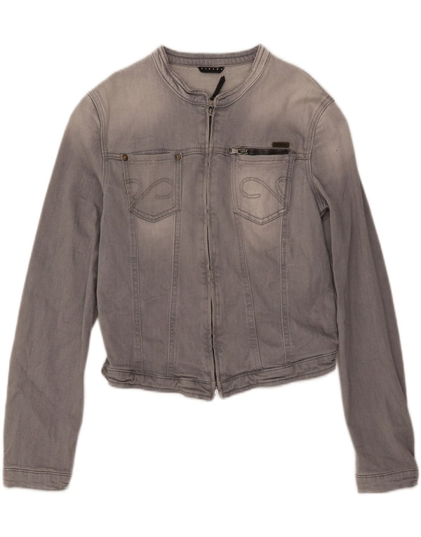 SISLEY Womens Crop Denim Jacket UK 12 Medium  Grey Cotton
