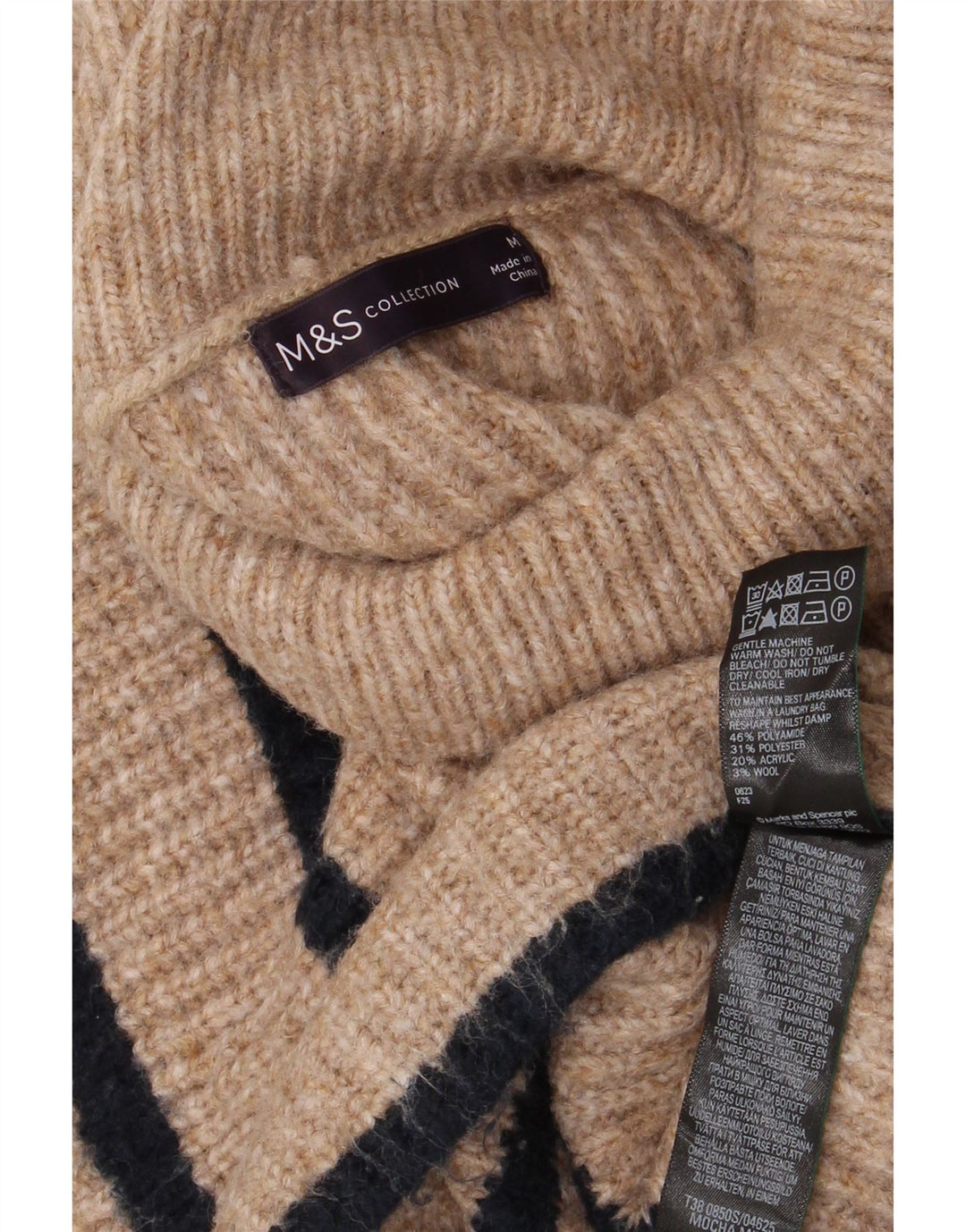 Женский джемпер с высоким воротником Marks & Spencer UK 14, средний, бежевый в полоску