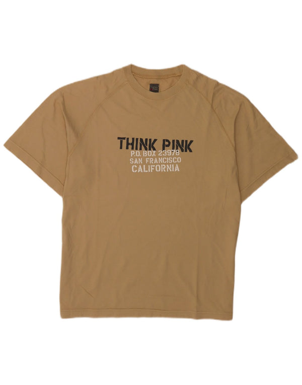 Женская футболка оверсайз с рисунком Think Pink, топ UK 16, большой размер, бежевый хлопок