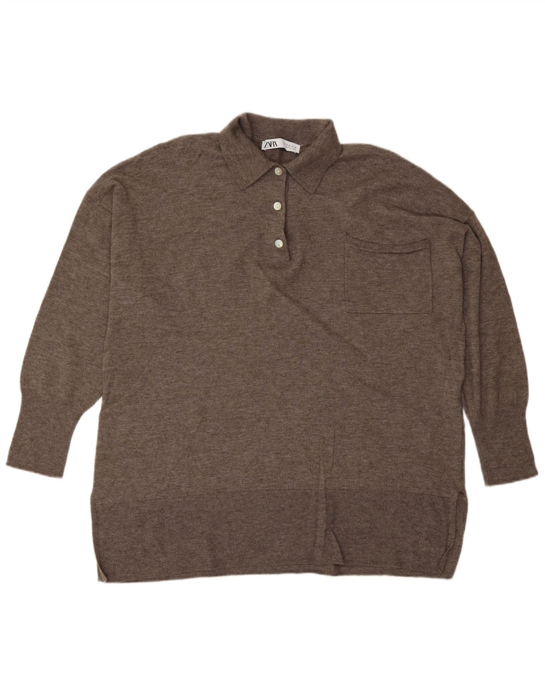 Женский джемпер с воротником поло ZARA, коричневый шерстяной свитер среднего размера
