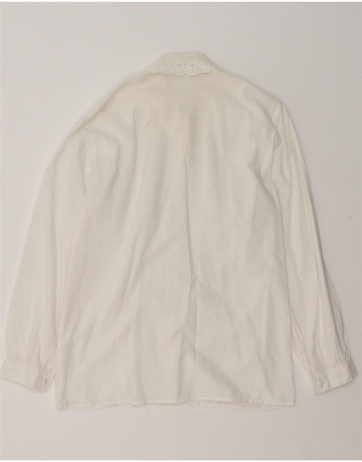 ВИНТАЖНАЯ Женская блузка-рубашка с рюшами спереди, Великобритания 14, средний белый цветочный принт