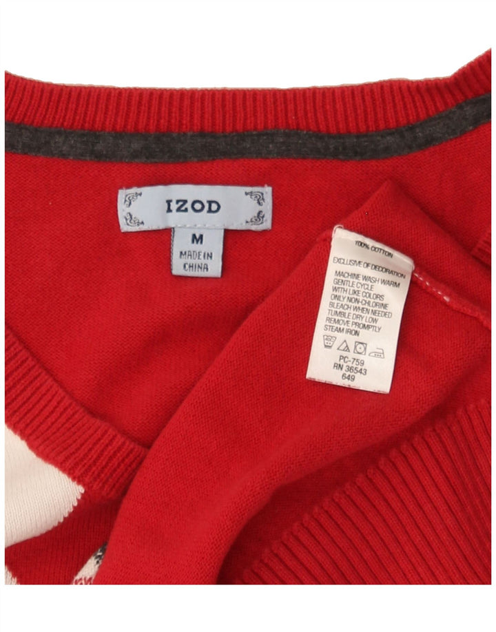 IZOD Womens V-Neck Jumper Sweater UK 14 Medium Red Argyle/Diamond Cotton Vintage Izod and Second-Hand Izod from Messina Hembry 