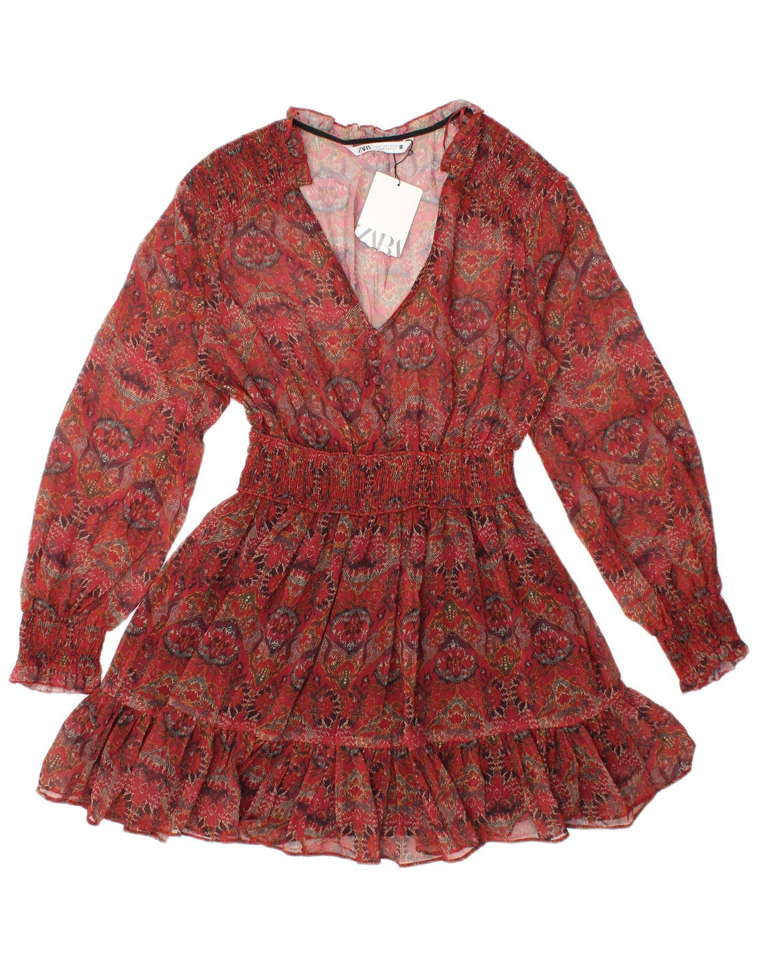 Женская прозрачная туника с длинными рукавами ZARA UK 8, маленький красный цветочный принт