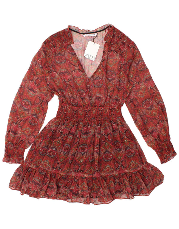 Женская прозрачная туника с длинными рукавами ZARA UK 8, маленький красный цветочный принт