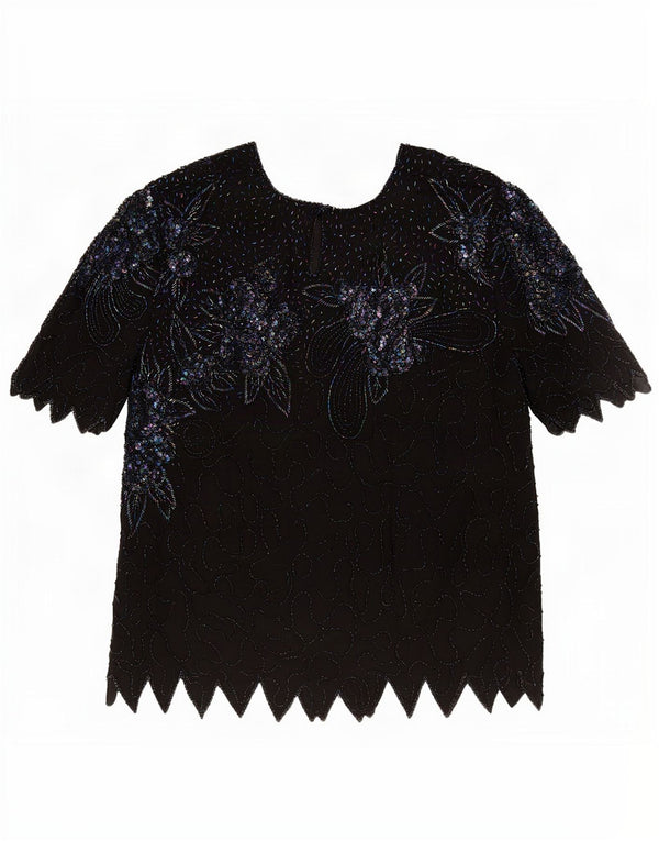 Vintage Womens Evening Blouse Top UK 18 XL Black Floral Silk
