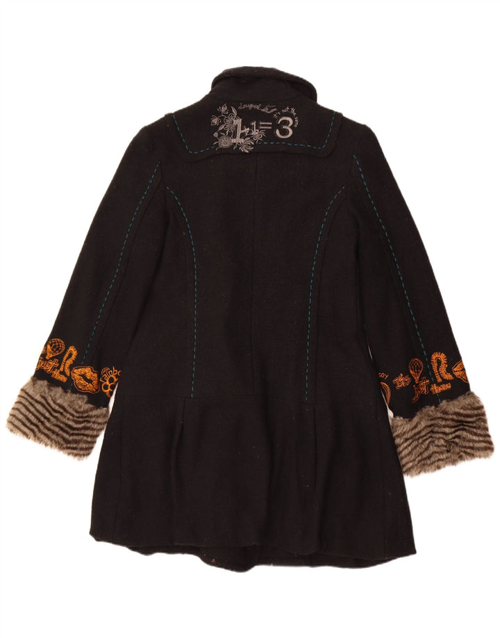 Desigual Womens Graphic Double Breasted Coat EU 40 Medium Black Floral