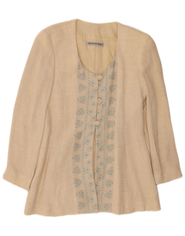 EMPORIO ARMANI Женский пиджак на трех пуговицах UK 10, маленький, бежевый с цветочным принтом